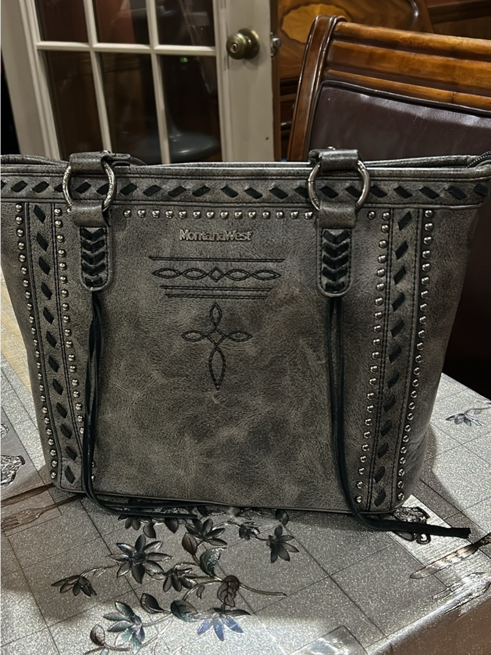 Montana West Gray Embroidered Studded Tote with Braided Straps